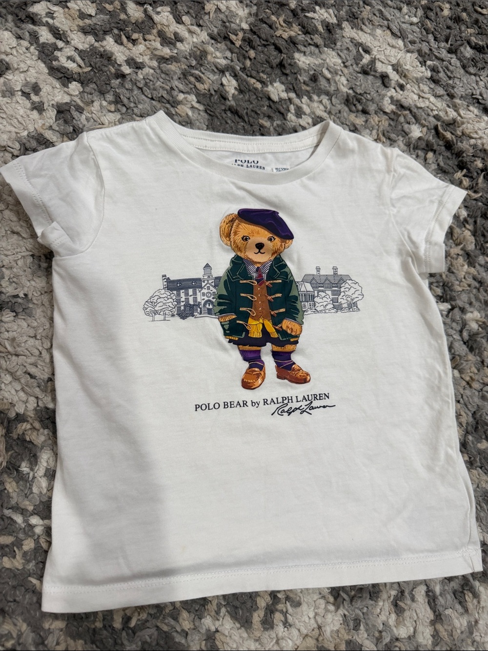Girls Ralph Lauren White Tee with Polo Bear in Green Coat and Purple Cap